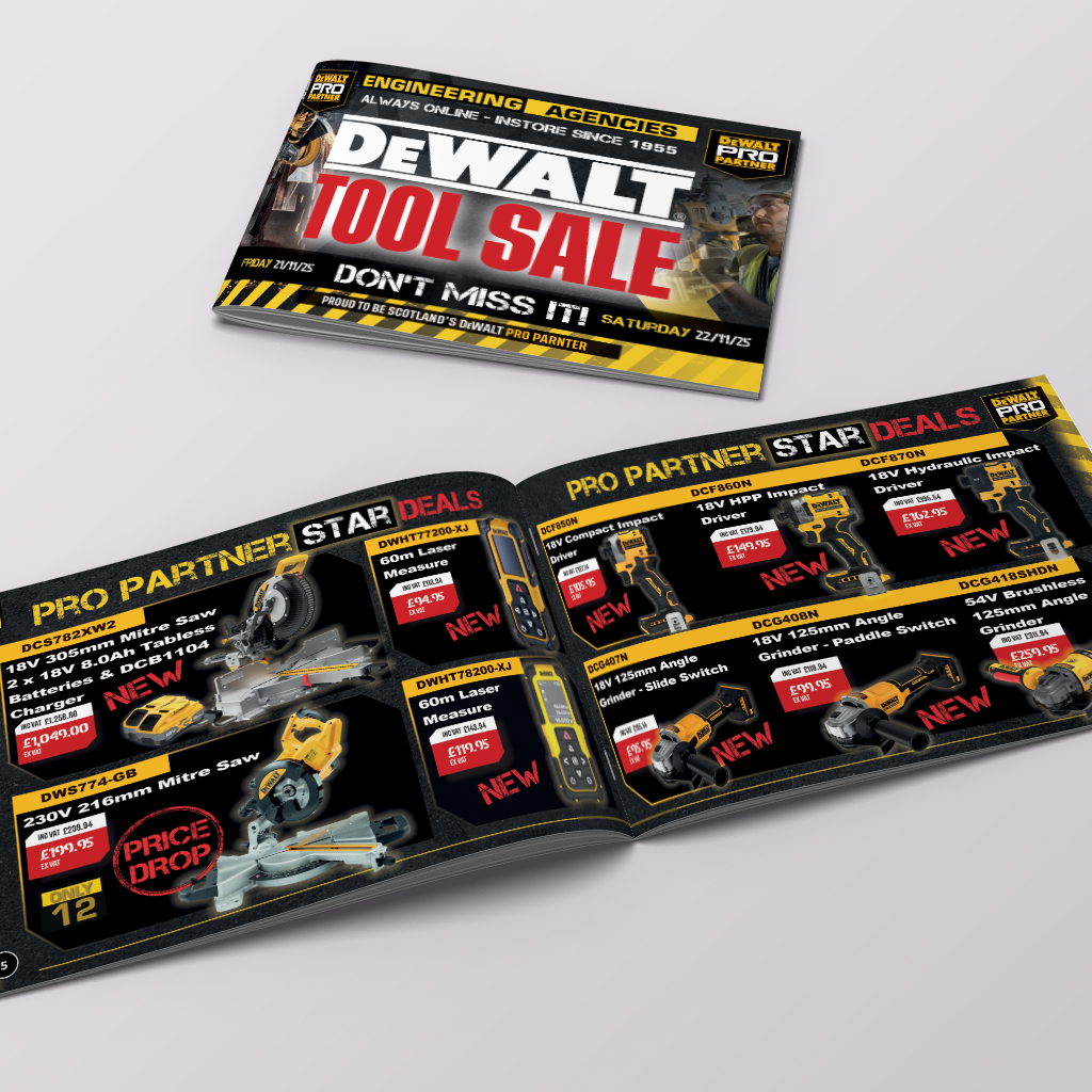 An open booklet and a matching closed cover for a DeWalt Tool Sale promotional guide, displayed on a light gray background. The booklet features black, yellow, and red graphics with product deals and tool photos.