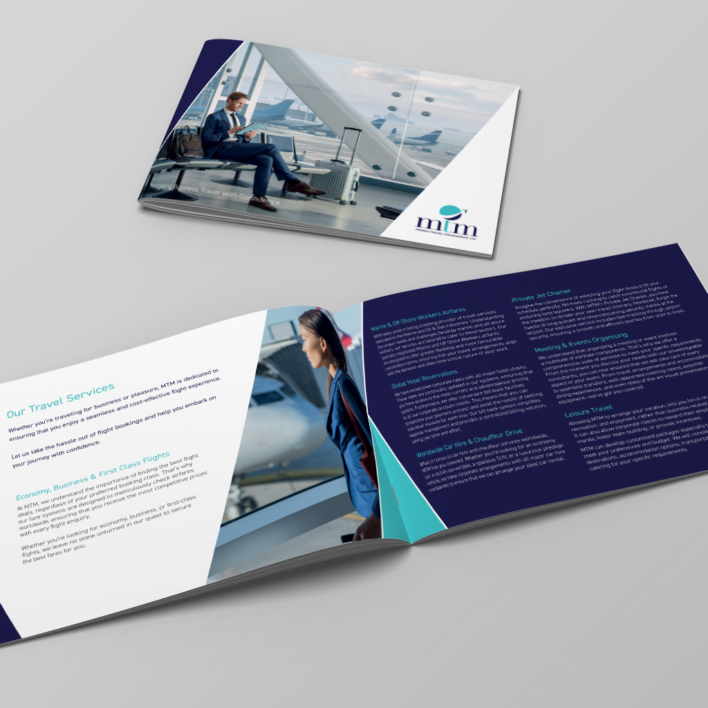 A printed brochure shown open and closed on a light gray background. The design features a navy and white layout with a photo of a seated passenger on a plane deck and text sections about travel services.