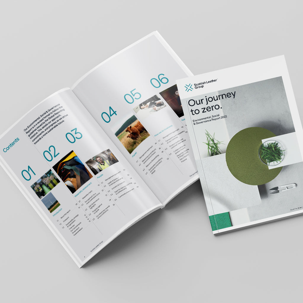 An open printed Pefect Bound Brochure laid on a light grey background. The brochures have a white base with teal typography, small embedded photos, and a large olive-green circular graphic on the closed cover.