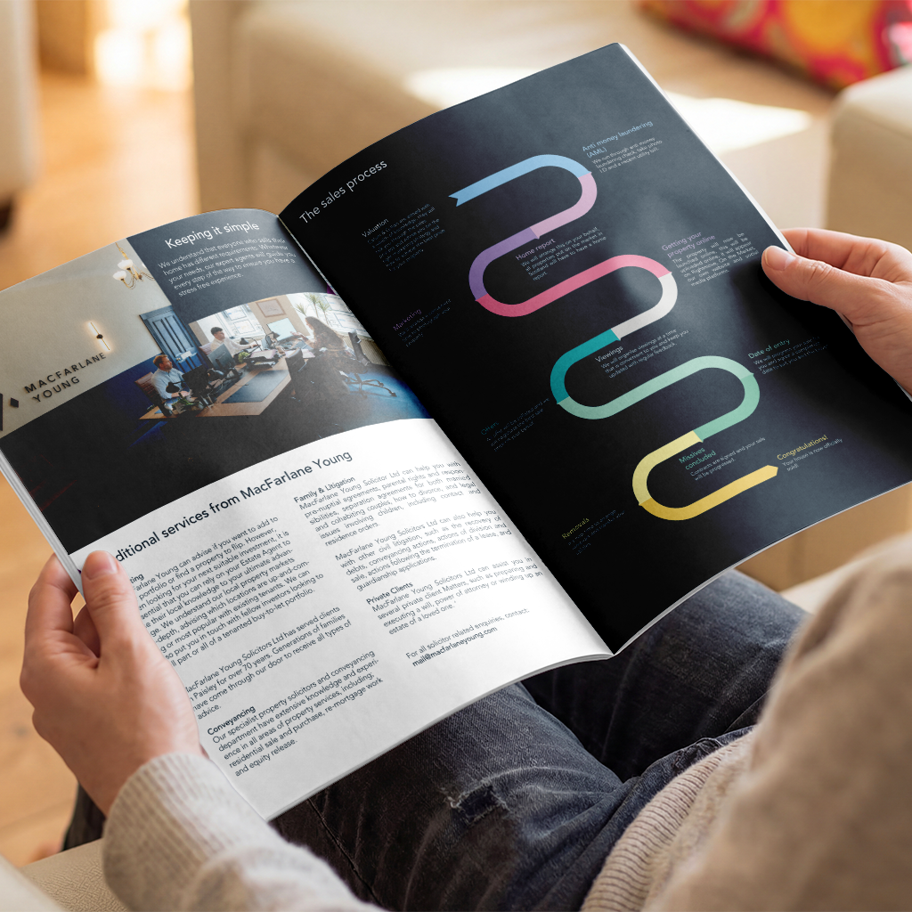 A person holding an open printed brochure n a bright indoor setting. The brochure has a black cover page with colorful abstract ribbon graphics and white interior pages with text and photos.