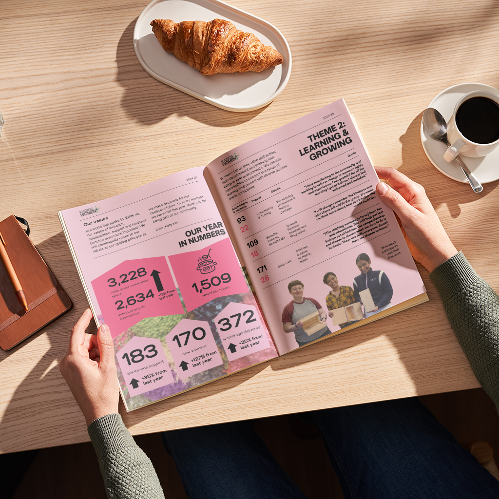 A person's hands holding an open magazine or book on a light wood table, brochure printed using 100% recycled paper stocks.
