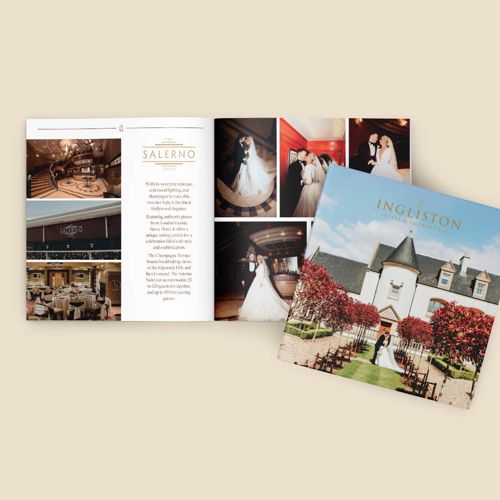 A wedding program booklet laid out on a warm beige background. The booklet is open to show interior pages with event photos, text, and venue imagery.
