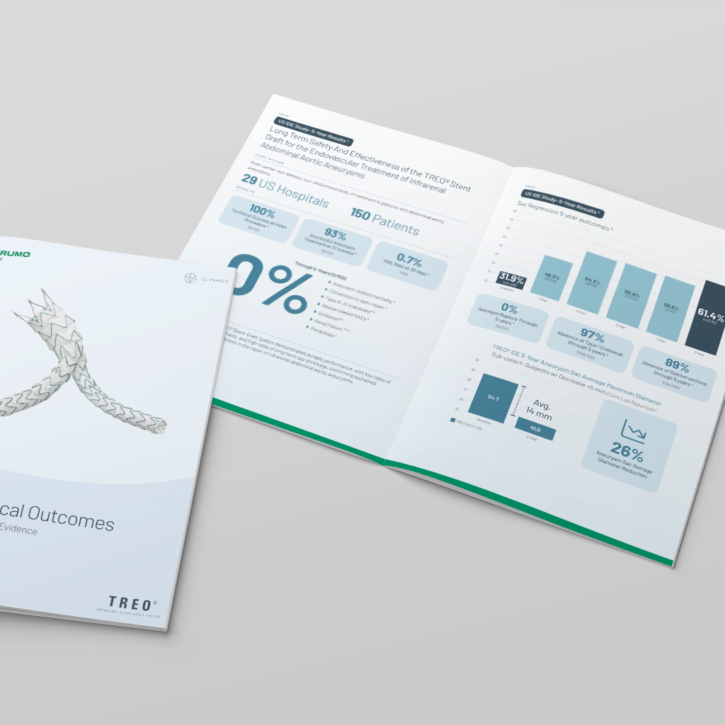An open medical outcomes report booklet and a closed copy placed on a light gray surface. The pages contain charts, percentages, and data visualizations in white, teal, and gray, with the title 'Clinical Outcomes Evidence' visible.